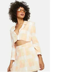 NWT For Love & Lemons Eugenie Cropped Blazer in Pastel Peach Plaid Size Large